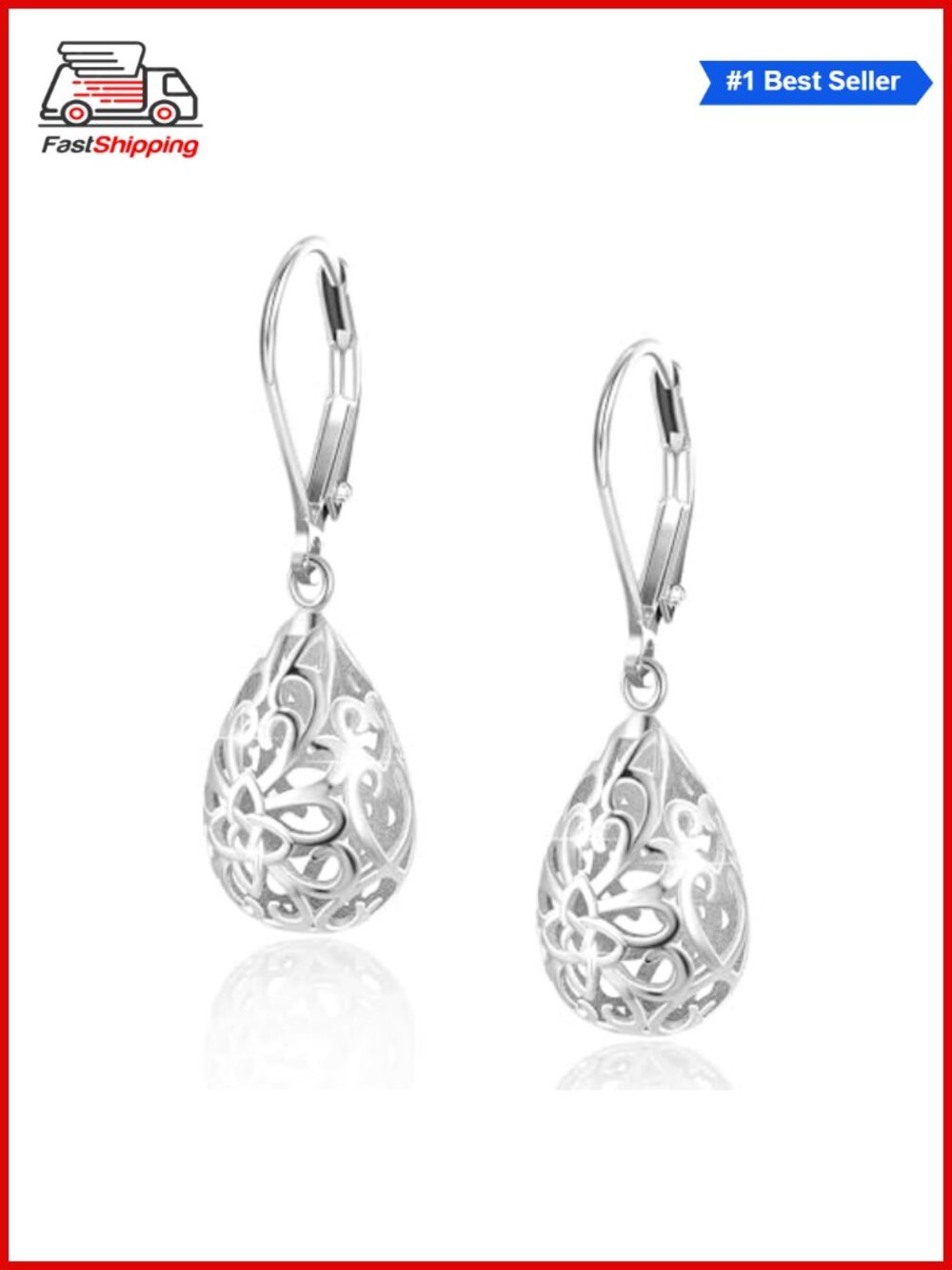 ✨ Silver Teardrop Filigree Dangle Earrings in Gift Box for Women